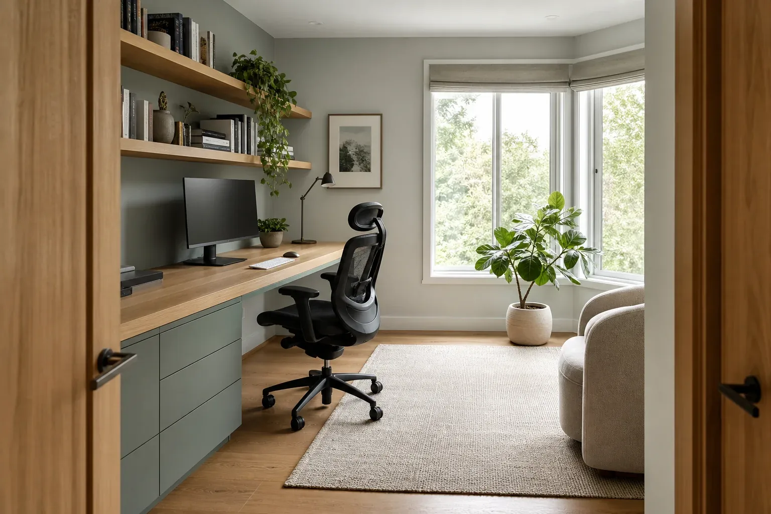 Sunlit home office with an ergonomic chair, built-in desk, shelves, plants, and a window