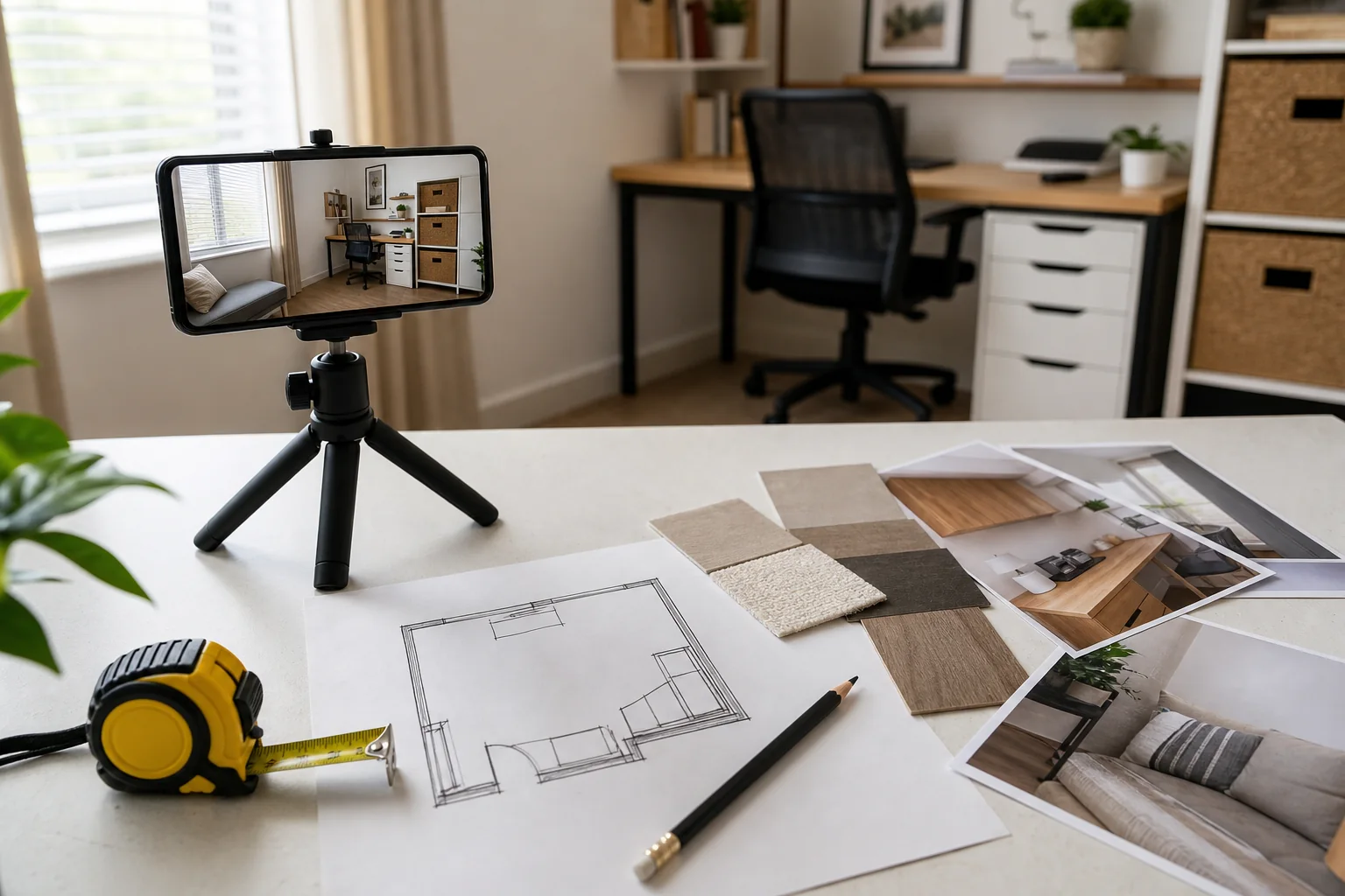 Phone on a tripod photographing a home office beside a tape measure, floor plan, material samples, and room photos