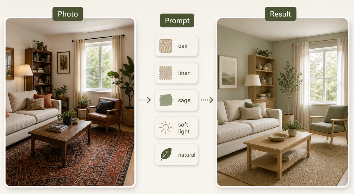 AI interior design prompt workflow from room photo to prompt tokens and redesigned living room result