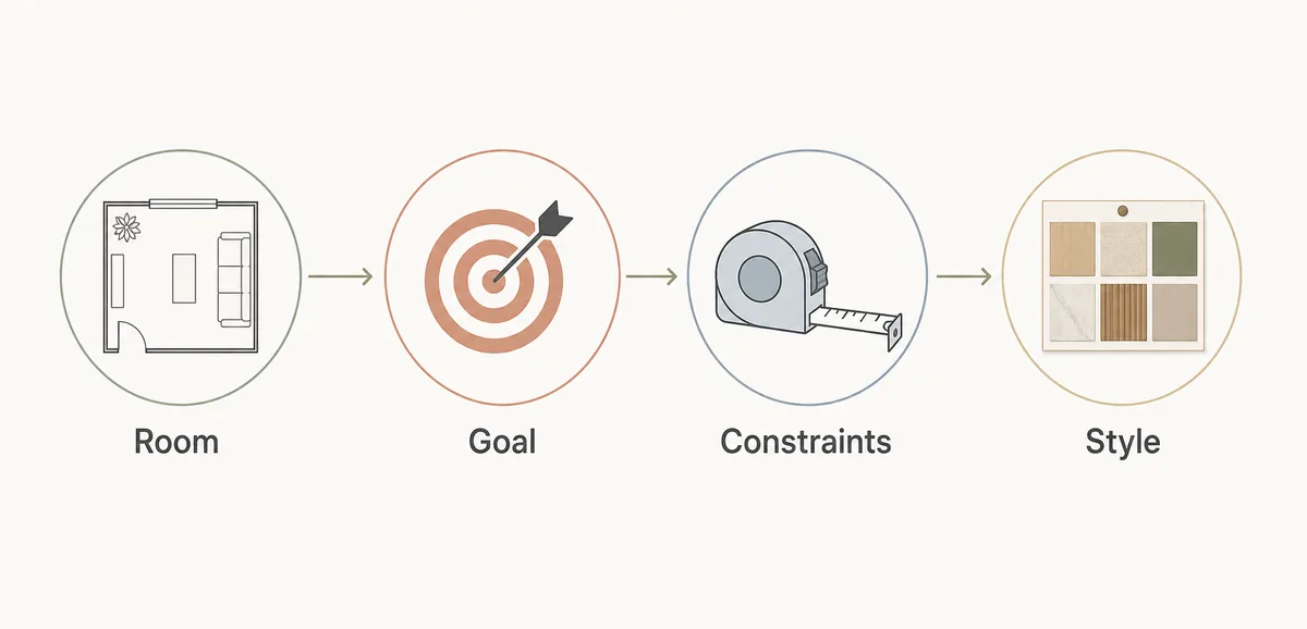 Four-part AI room design prompt formula showing room, goal, constraints, and style