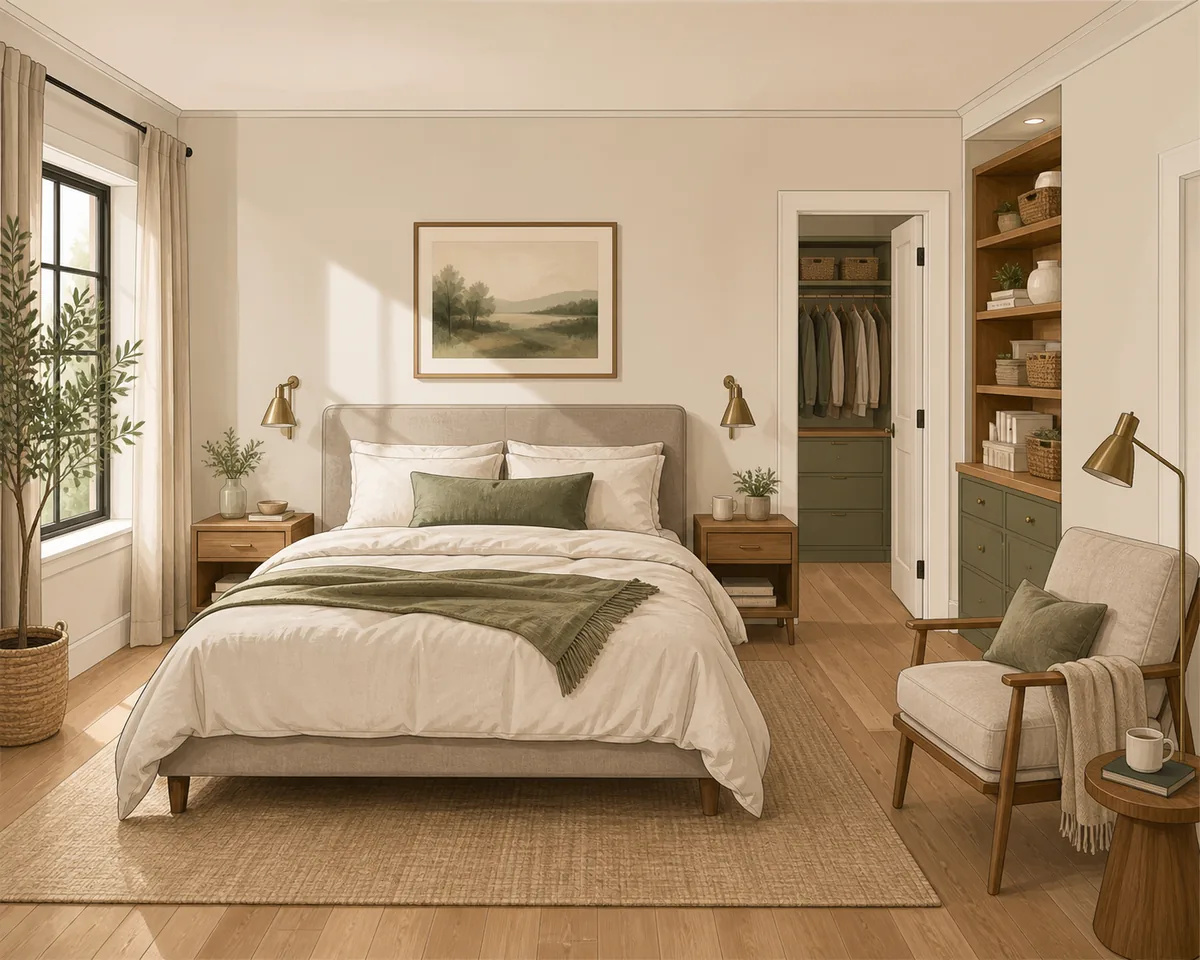 Warm neutral bedroom with a centered bed, window light, built-in storage, and a reading chair