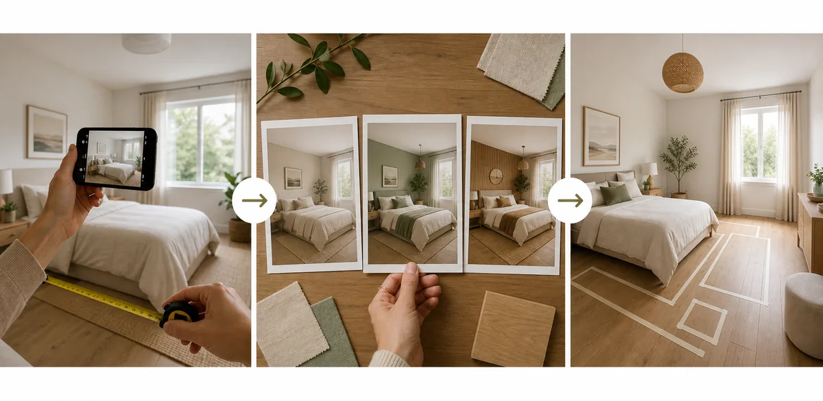 Three-part bedroom planning workflow showing a room photo and tape measure, AI concept prints, and taped furniture footprints