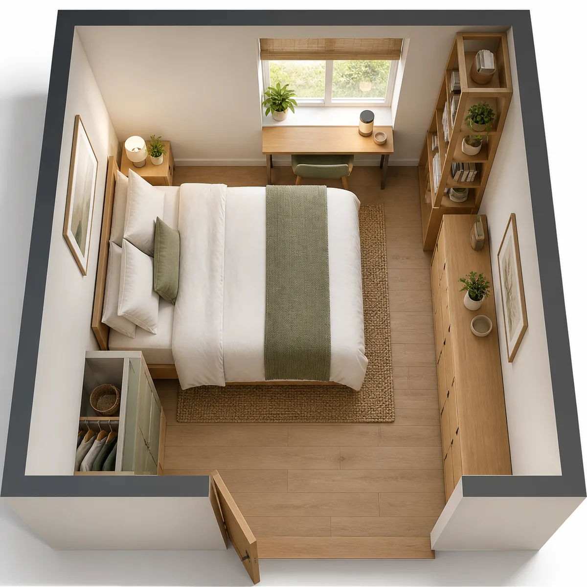Bird's-eye view of a compact bedroom with a bed, clear walkway, shallow storage and a small desk