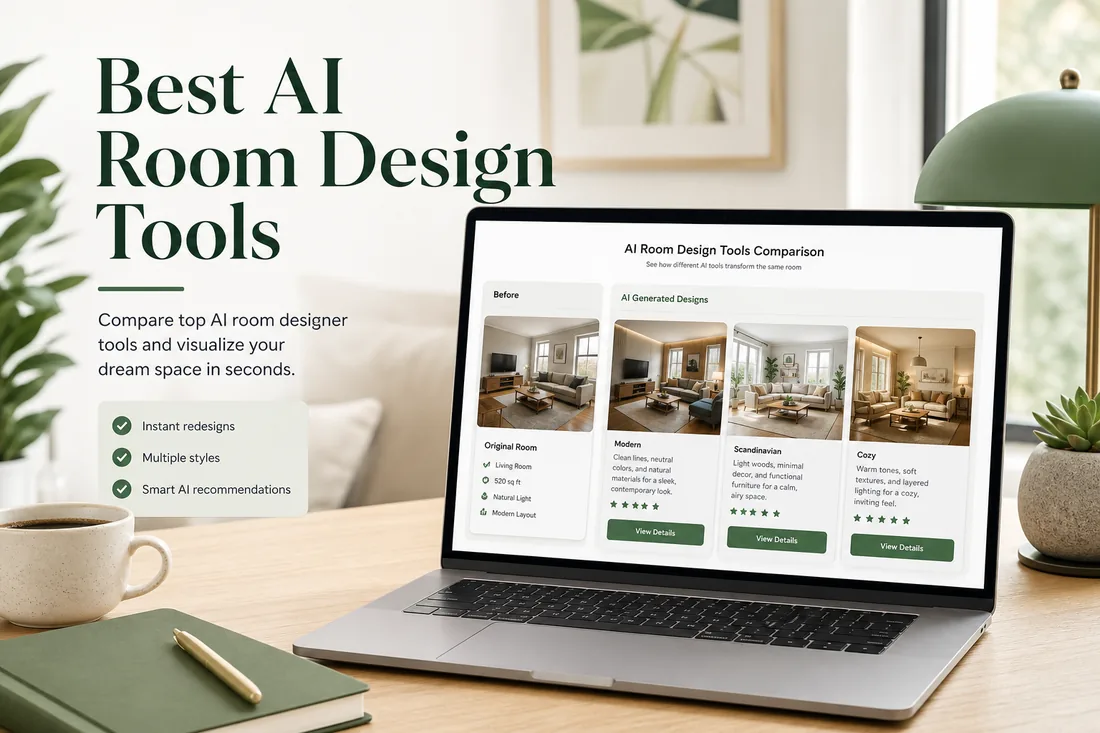 Best AI room design tools comparison with room photo redesign previews and tool selection dashboard
