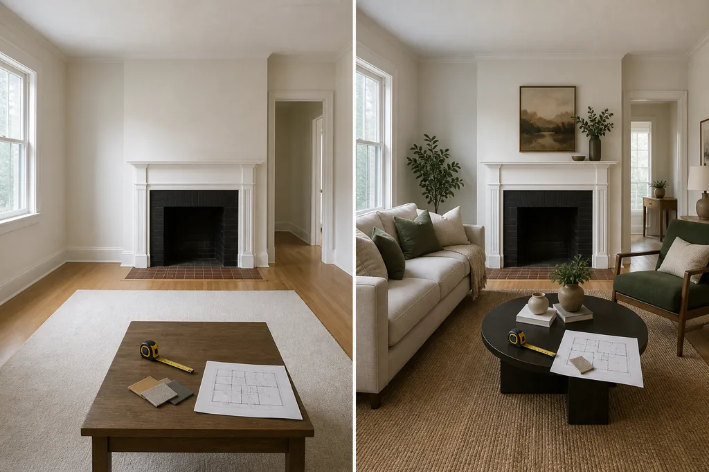 Same living room shown before and after an AI redesign with a tape measure, floor plan, and material samples