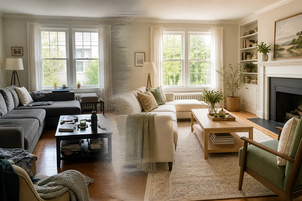 Living room photo transitioning into an AI-inspired redesigned room while keeping the same windows and camera angle