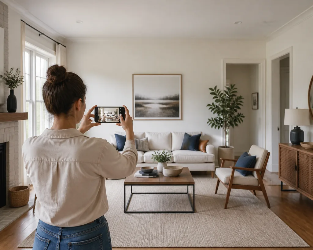 Person taking a straight-on photo of a bright living room before using an AI room design tool