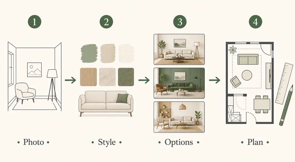 Four-step AI interior design workflow from room photo to style options and renovation plan