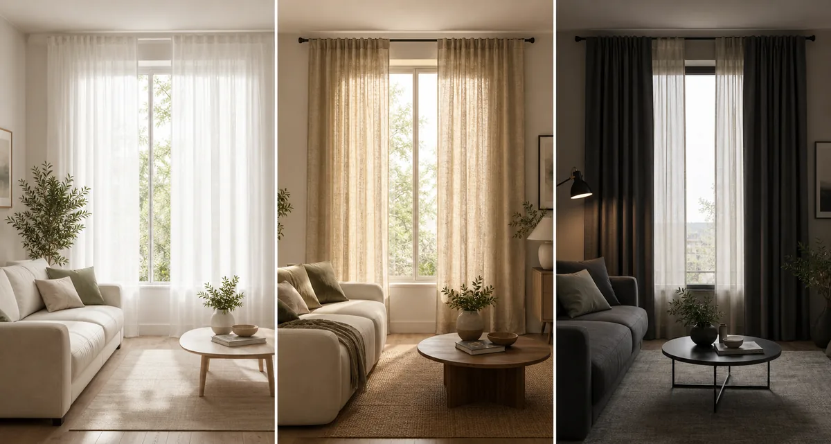 Three living room curtain directions compared: sheer white, warm linen, and layered dark panels