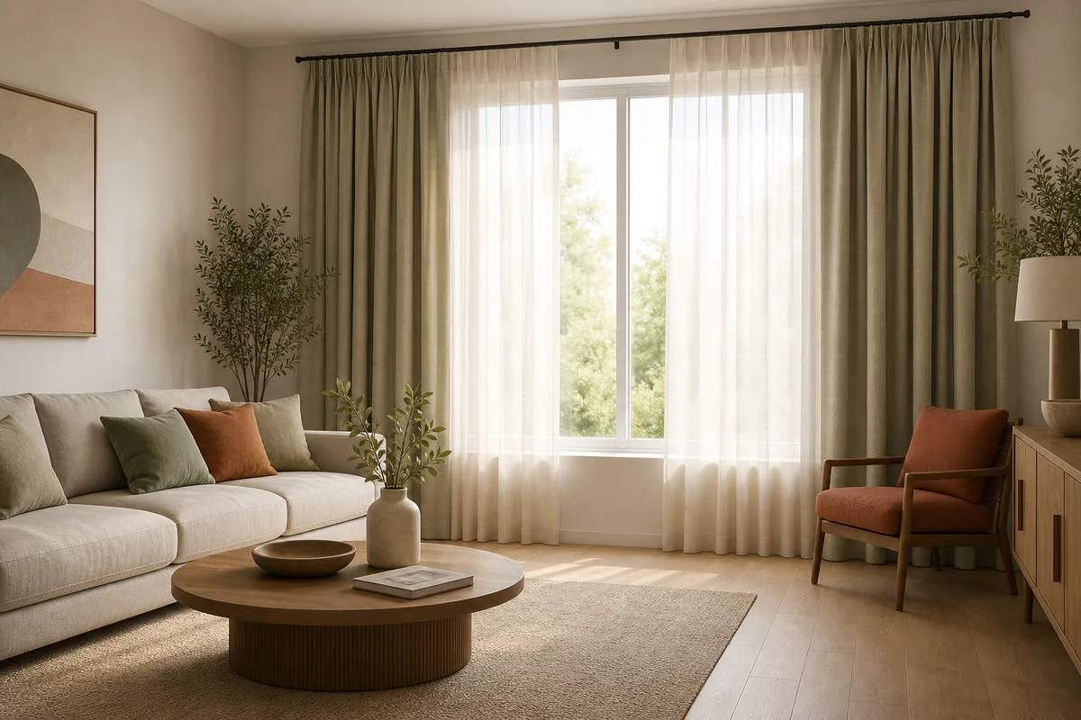 Modern living room with layered olive linen and sheer curtains around a bright window