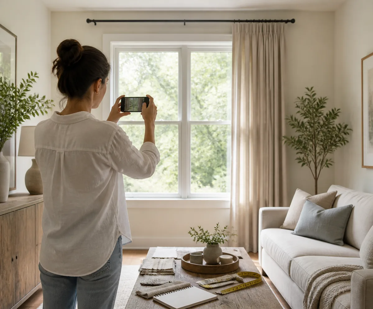 Person photographing a living room window with curtain samples and a tape measure nearby