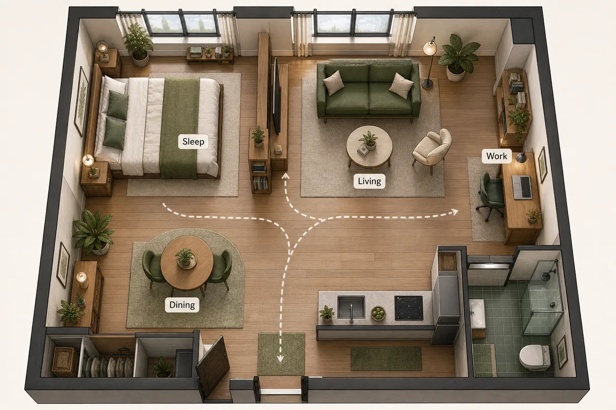 Top-down studio apartment layout divided into sleep, living, dining, and work zones with walking paths