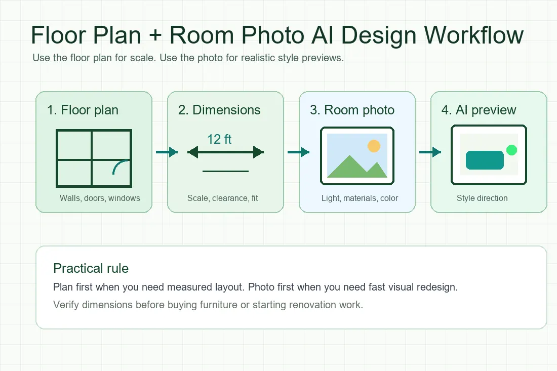 Workflow diagram showing a floor plan upload, dimension check, room photo, and AI room design preview