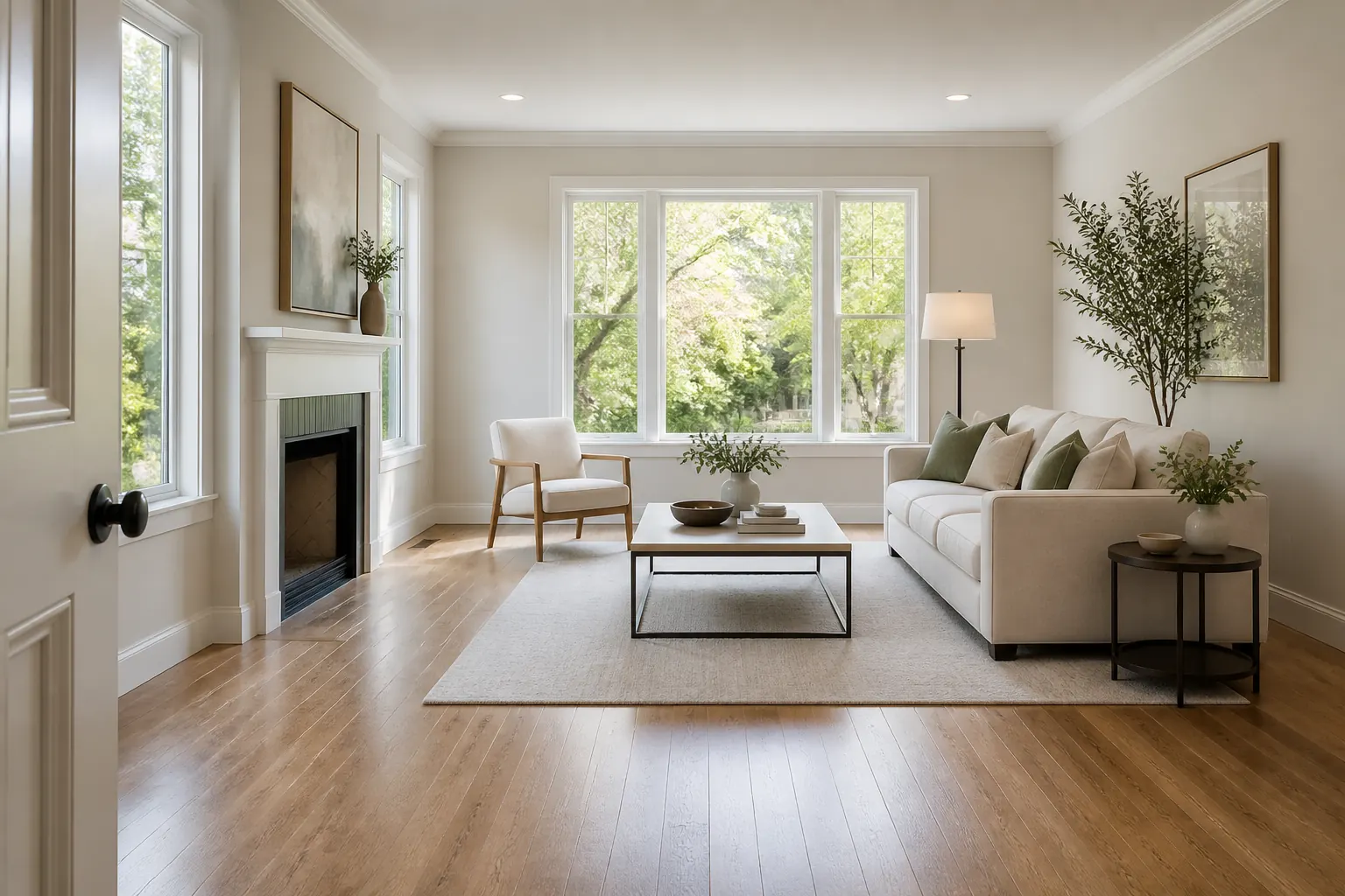 Bright living room with neutral furniture shown as a virtual staging concept for a real estate listing