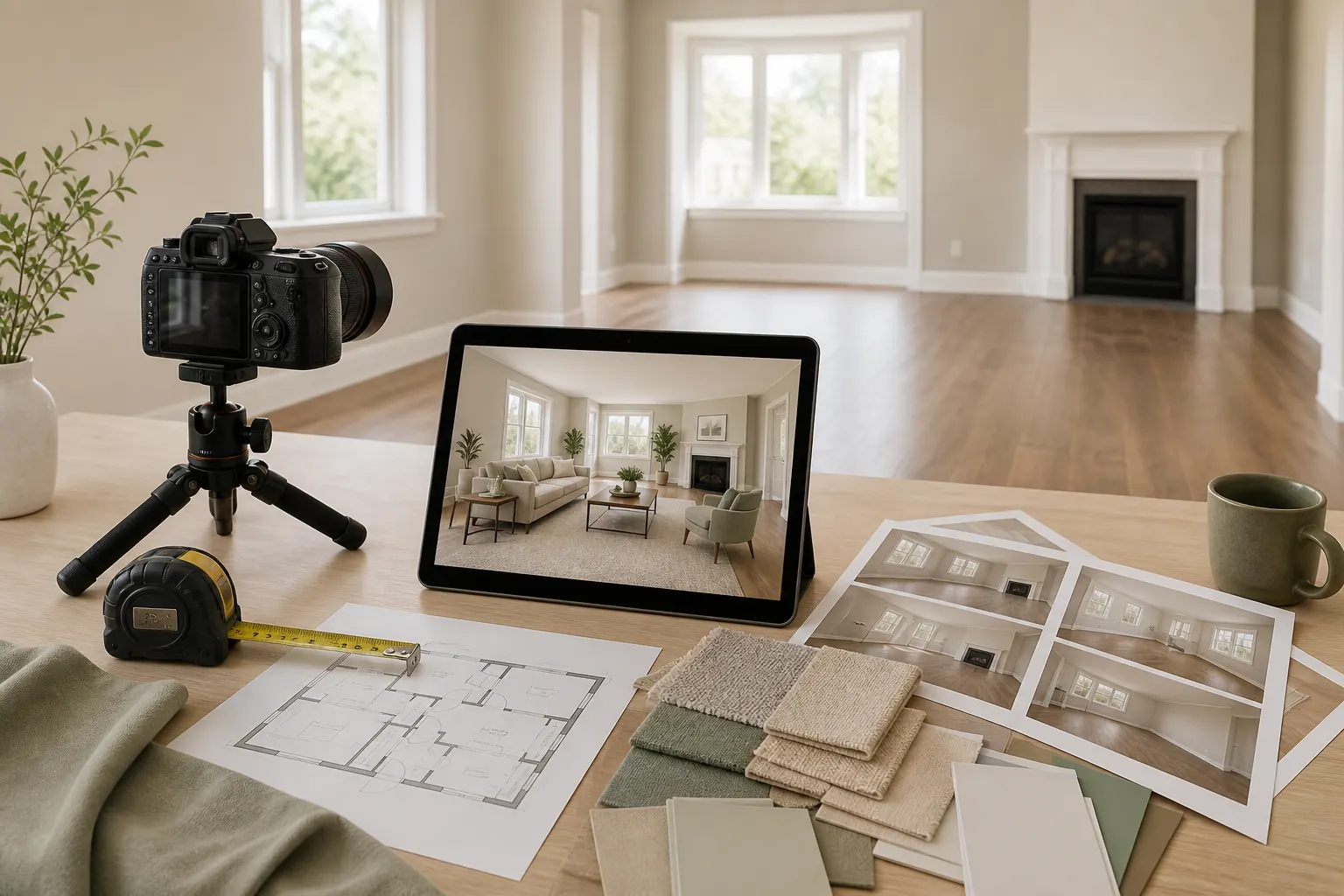Camera, measuring tape, floor plan, room photos, and material samples arranged for a virtual staging workflow