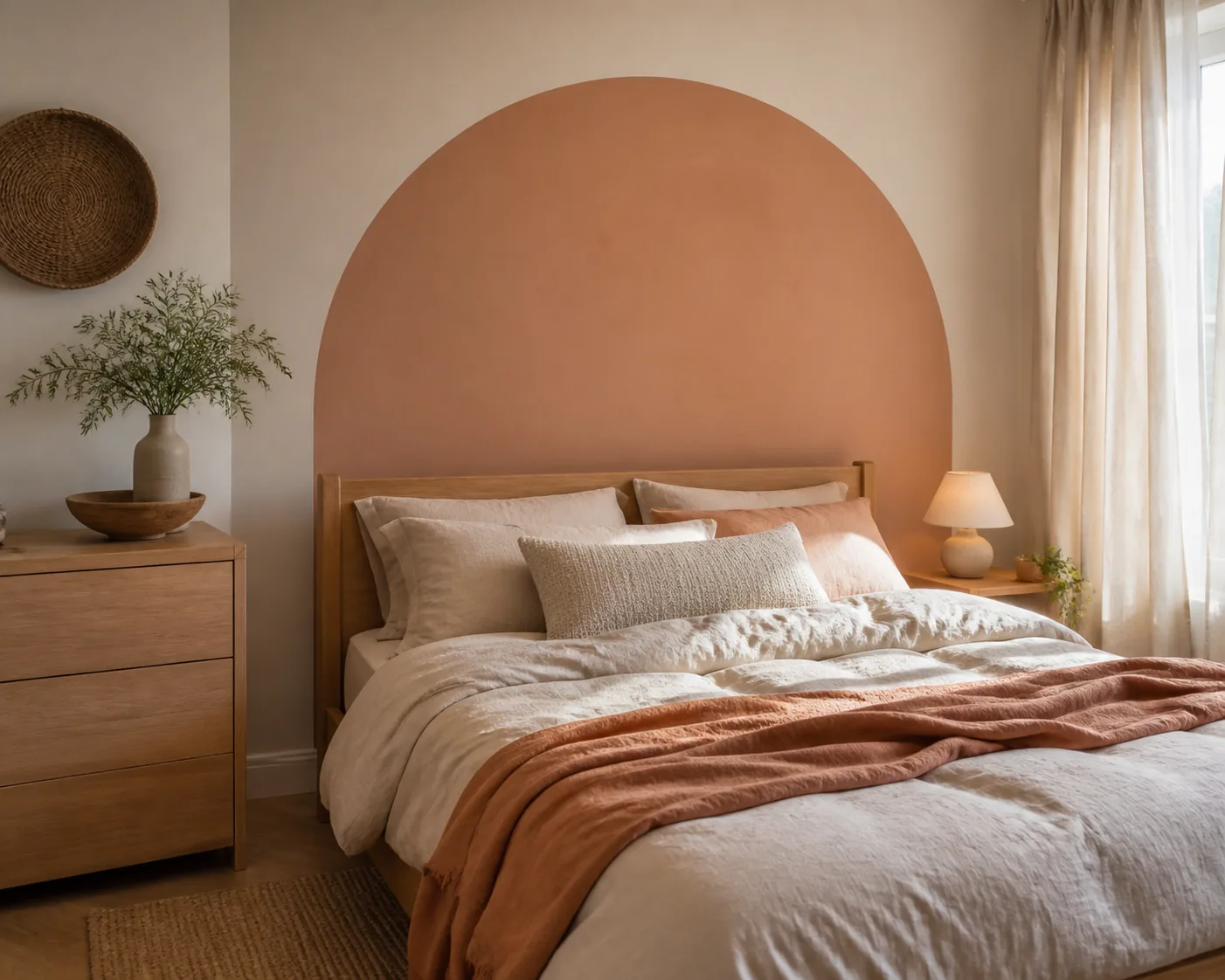 Bedroom with a terracotta semicircle painted behind the wooden headboard