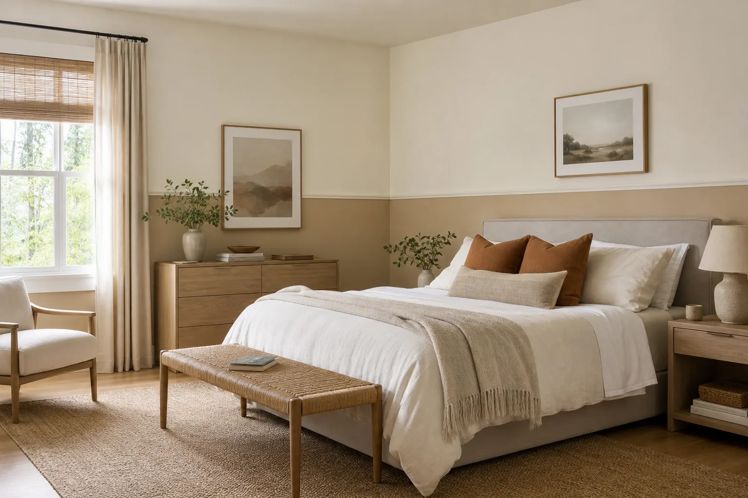 Bright bedroom with a warm beige lower wall and pale cream upper wall separated by a clean line