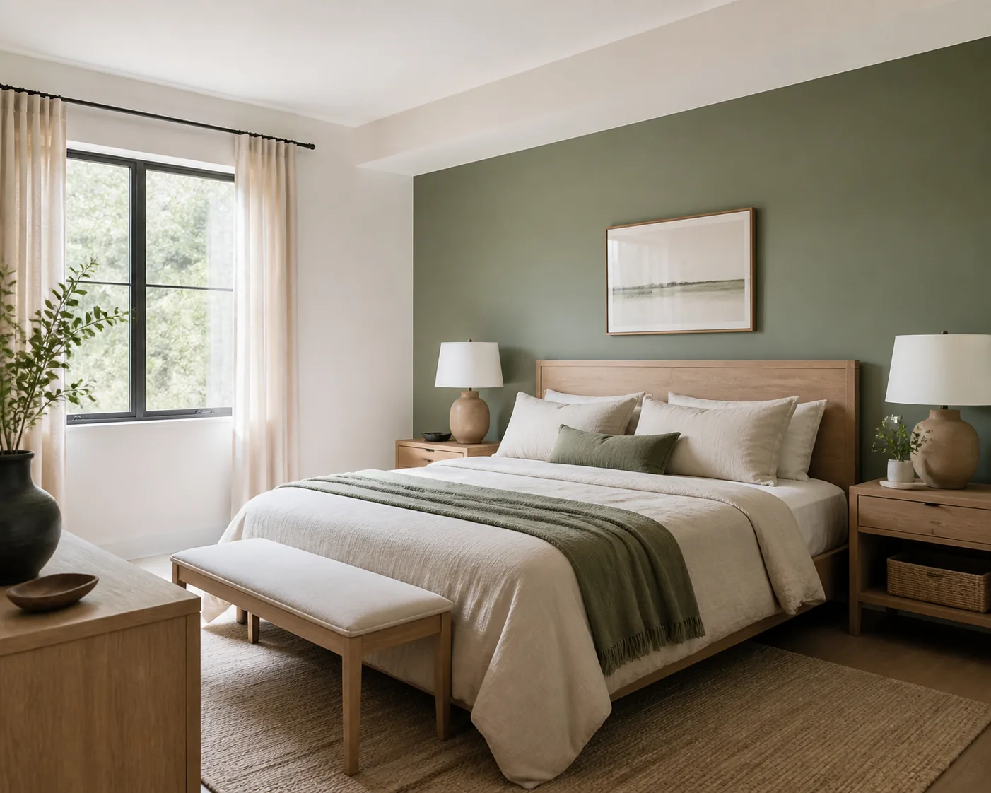 Modern bedroom with a muted sage green accent wall behind a light wood bed