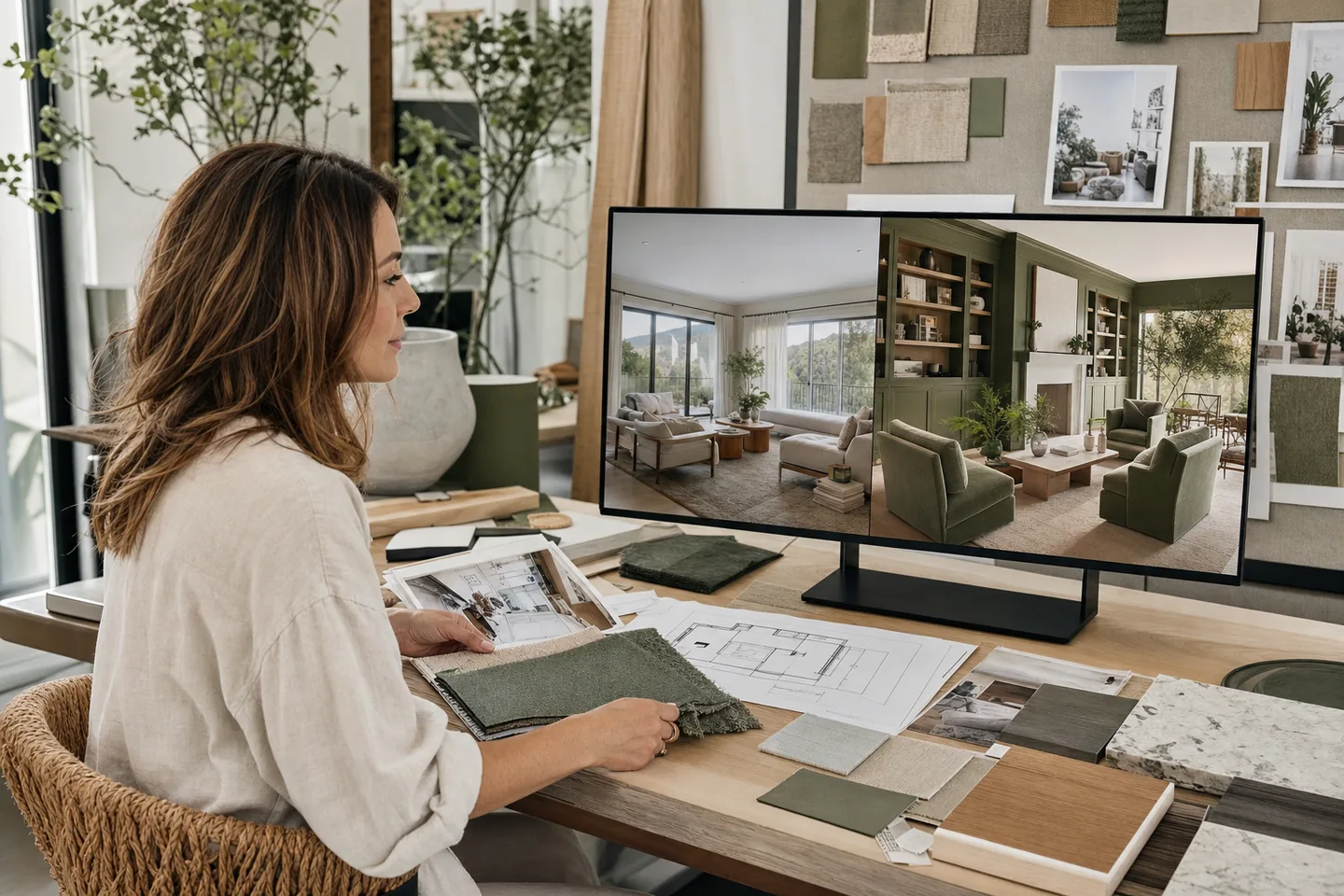 Interior designer using AI room concepts alongside floor plans and material samples