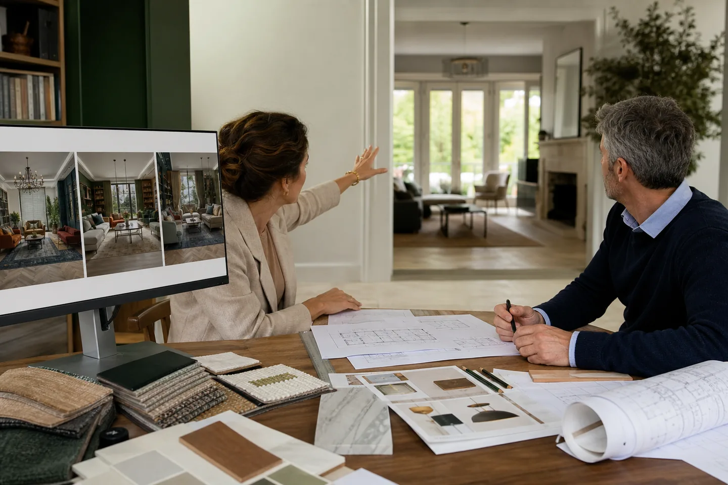 Designer and homeowner reviewing AI concepts, measured plans, and material samples