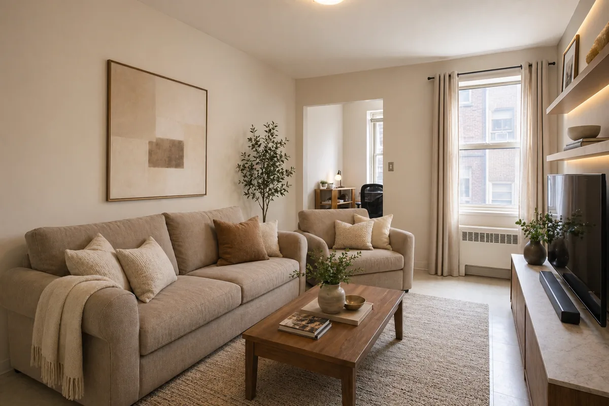 Modern AI living room design preview with sofa, rug, TV wall, and warm lighting